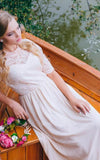 A Line Half Sleeve Lace Chiffon Ankle Length Prom Dress with Jewel Neckline