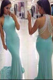 royal blue Prom Dresses high neck prom dress long prom Dress see through back prom dress