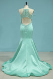 2022 New Arrival Open Back Prom Dresses Mermaid Satin With Beads P72GY1C8