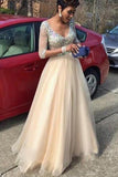 A Line Princess V Neck Long Sleeves Beads Tulle Long Prom Dresses