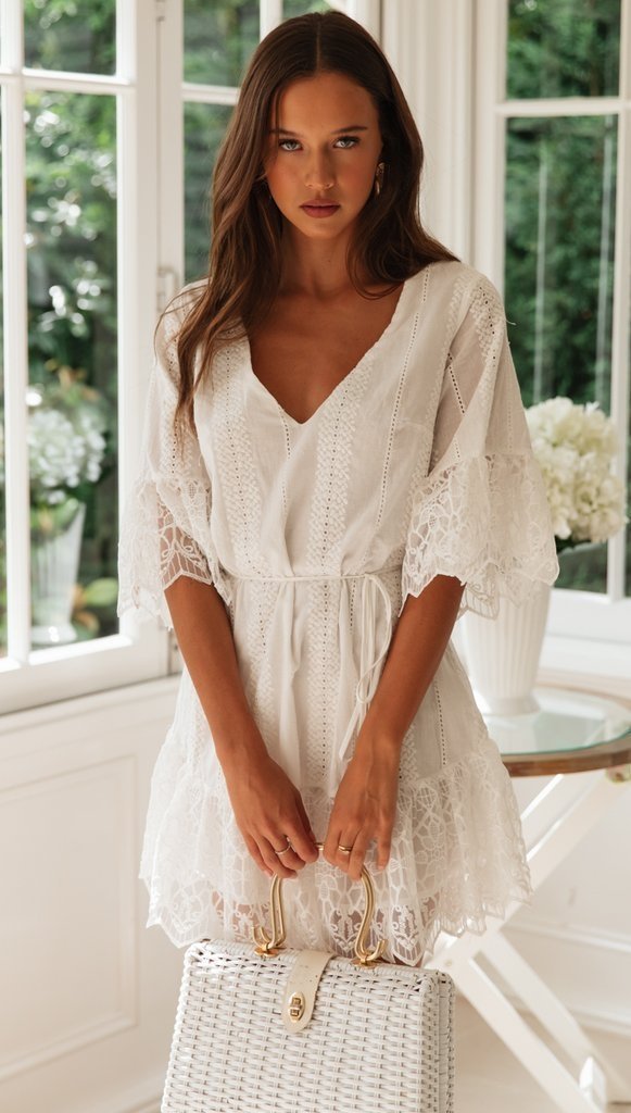 A Line Long Sleeve White Simple Lace Short Sexy Criss Cross Above Knee Homecoming Dress