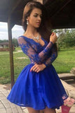 Charming A Line V Neck Long Sleeves Royal Blue Lace Short Homecoming Dresses