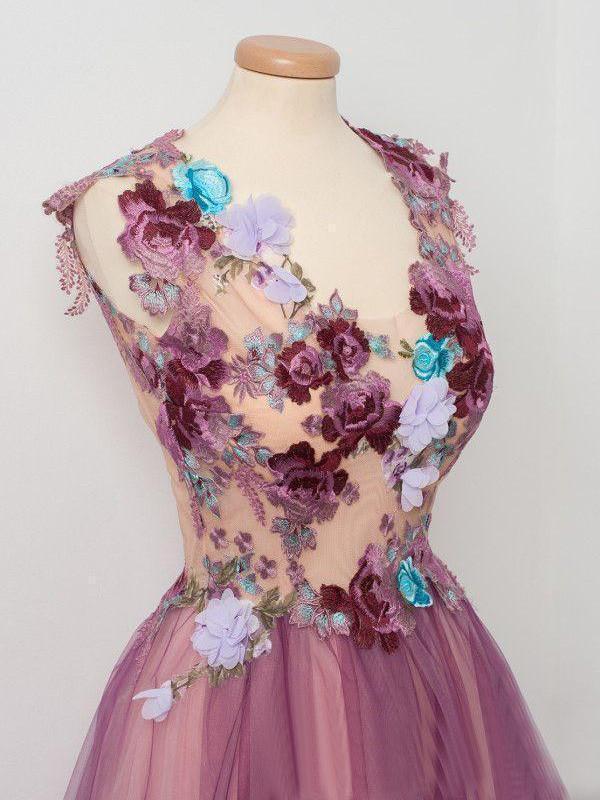 Tulle Flower A Line Prom Dresses Scoop neck Appliqued Party Dress
