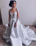 A Lin Ivory Long Sleeve Satin Lace Sweep Train Wedding Dresses Long Bridal Dresses