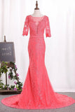 2022 Mermaid Scoop Mid-Length Sleeves Prom Dresses Tulle With Appliques PPE3DRLE