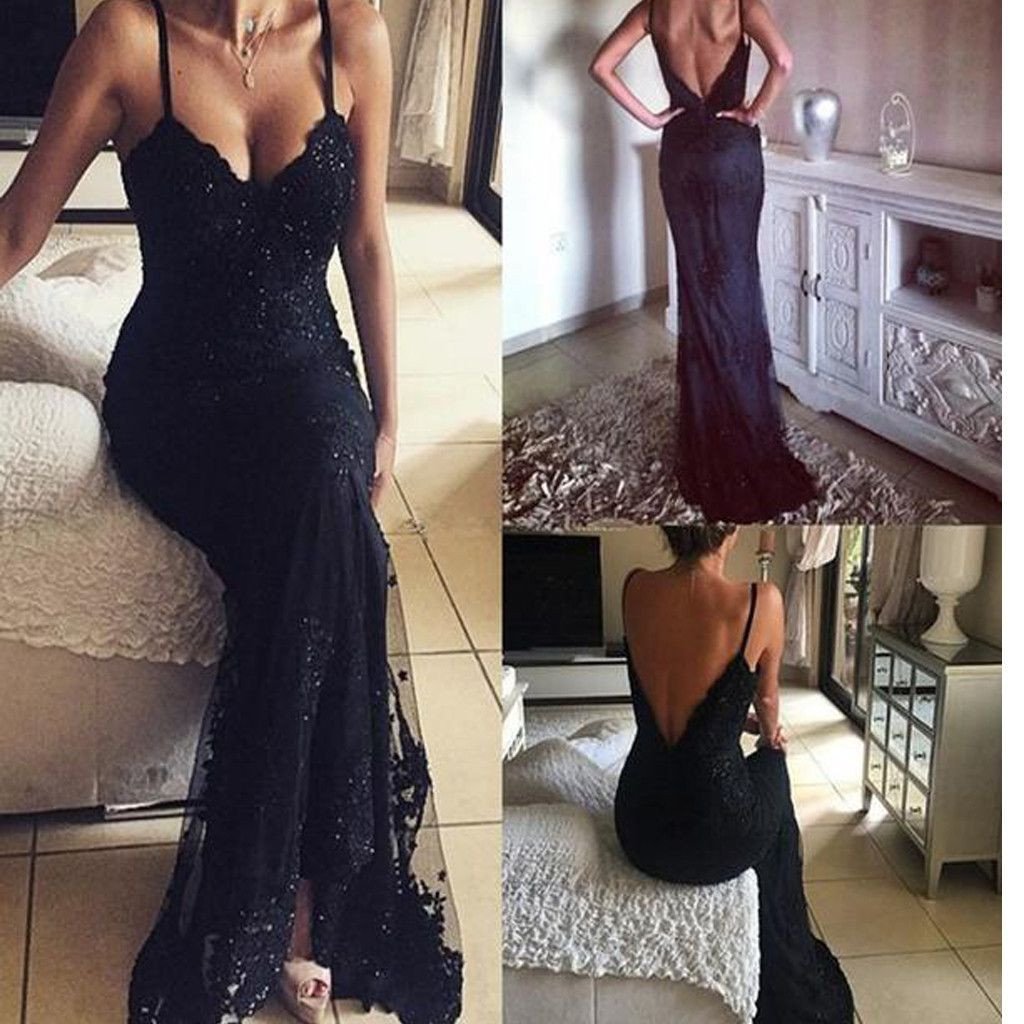 2019 Long Beaded Lace Vintage V-Neck Sexy Prom Dresses