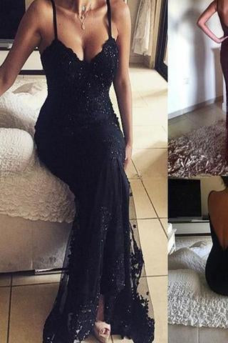 2019 Long Beaded Lace Vintage V-Neck Sexy Prom Dresses