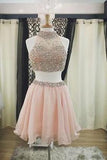 2019 Two Pieces Halter Cute Mini Blush Pink Sexy Short Homecoming Dresses