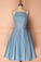 A Line Blue Halter Sleeveless Short Satin Knee Length Homecoming Dress
