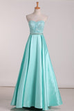 2022 New Arrival A Line Prom Dresses Satin With Beads Floor PEA4349F