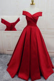 2022 Off The Shoulder Prom Dresses Satin Red Sweep Train Lace PSHTJGFC