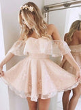A-Line Off Shoulder Mid Back Lace Homecoming Dresses