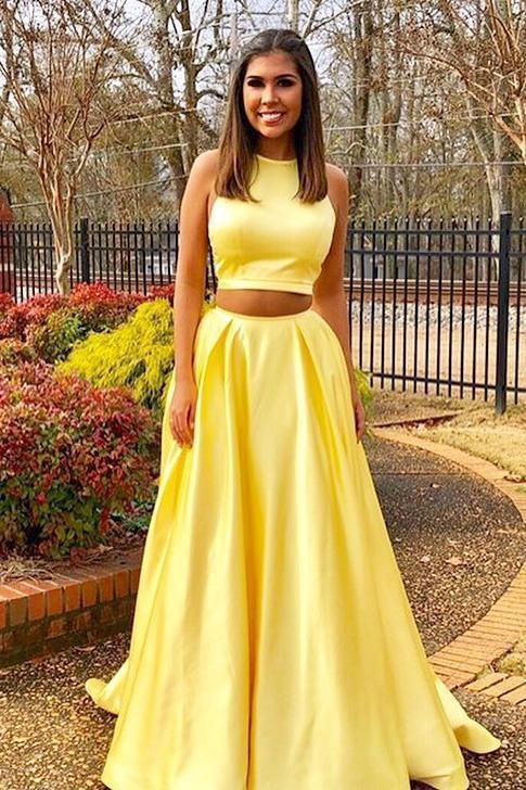 Simple Two Pieces Yellow Long Satin Sleeveless High Neck Prom Dresses with Pockets