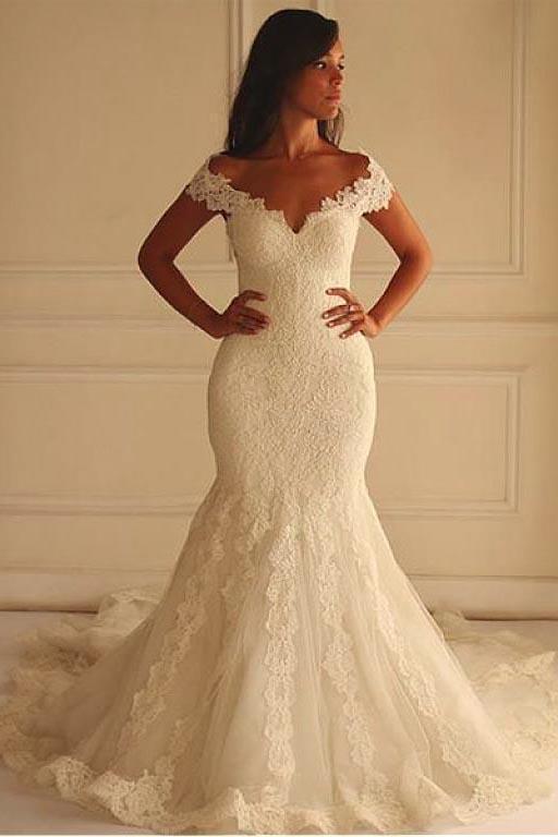 Off Shoulder Short Sleeves Mermaid Lace Wedding Dress with Appliques Bridal Dress