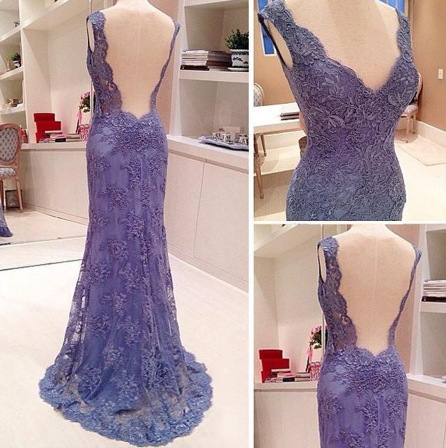 2022 New Style Custom Mermaid V-Neck Sleeveless Open Back Blue Lace Evening Dresses