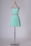 2022 Mint Homecoming Dresses Halter A-Line Short/Mini Chiffon With PLS7BGK8