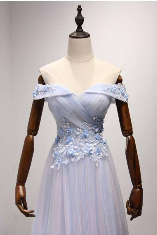 Sky Blue A-Line Off-the-Shoulder Floor-Length Tulle Prom Dresses with Appliques Lace