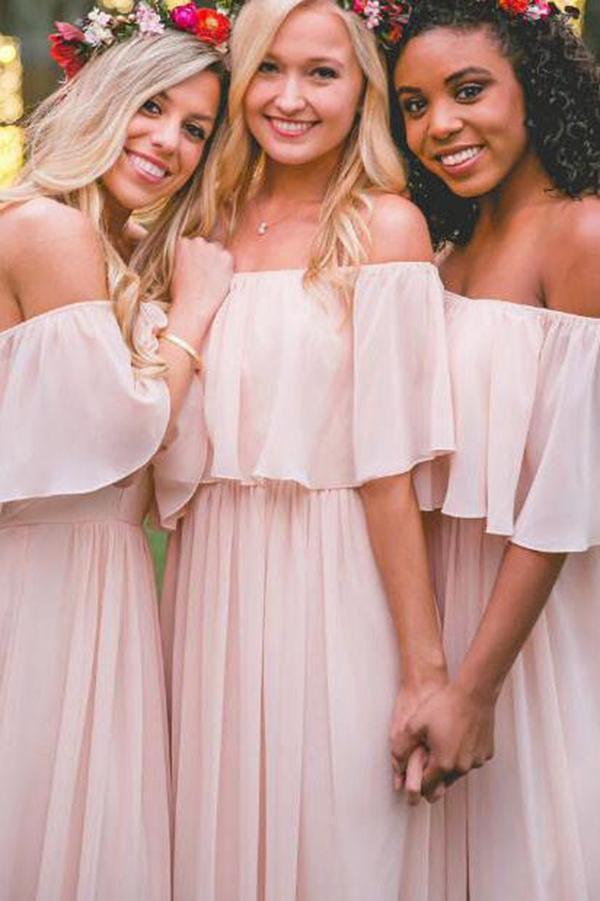 Simple Pink Off the Shoulder Pink Ruffles Long Bridesmaid Dresses