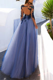 Sexy A-Line See Through Blue Lace Long Sleeve Open Back Appliques Long Prom Dresses