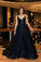 2022 A-Line V-Neck Dark Blue Sleeveless Satin Floor-Length Sweep Train Prom Dresses
