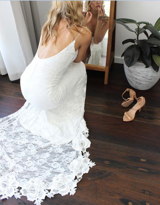 Romantic Boho Backless Lace Mermaid Elegant Ivory Wedding Dress