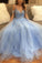 Stylish A-Line V-Neck Off-the-Shoulder Blue Tulle Long Evening Dresses with Beading