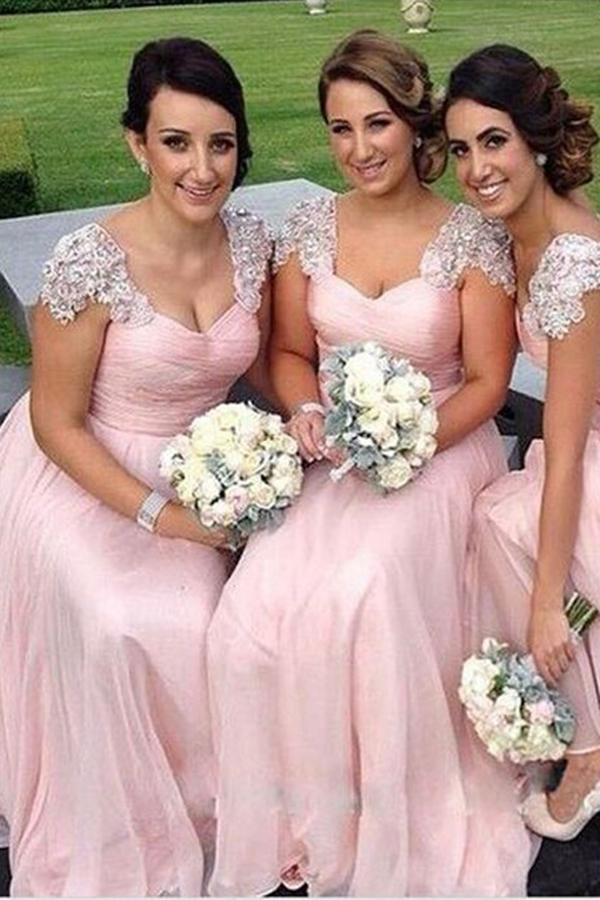 A-Line Pink Princess Cap Sleeves Sweetheart Floor-Length Beads Chiffon Bridesmaid Dresses