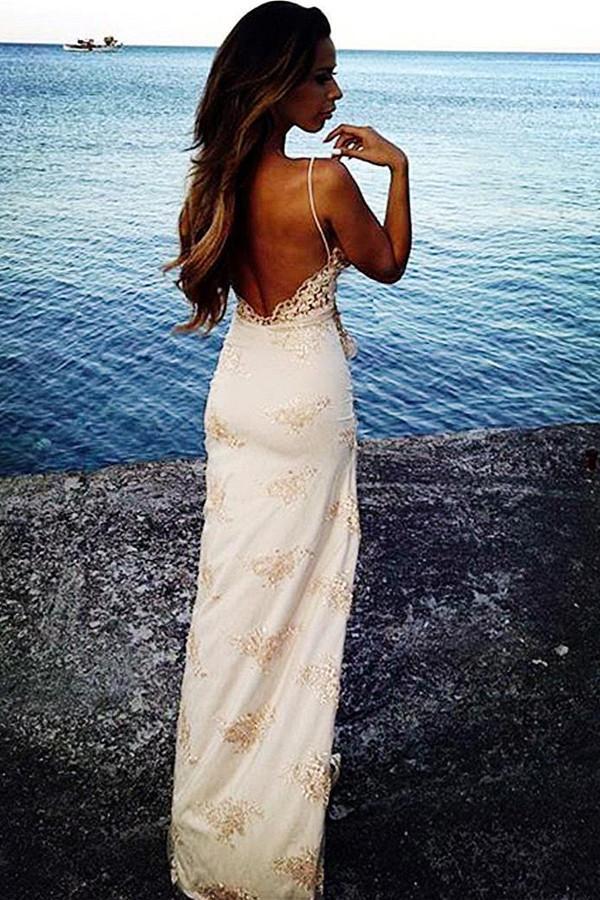 Spaghetti Straps Sweetheart Split Front Backless Lace Mermaid Appliques Prom Dresses