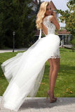 Sheath Scoop Neck Ivory Lace Tulle Detachable Ruffles Open Back Wedding Dresses