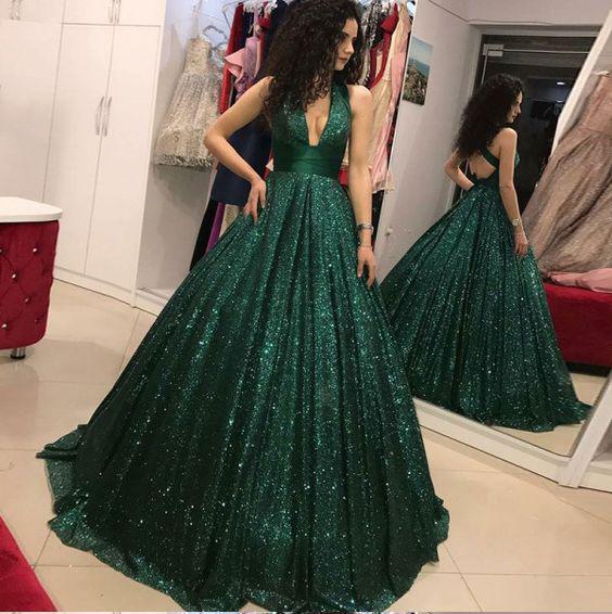 A-Line V-Neck Open Back Dark Green Sequin Luxury Lace up Long Prom Dresses