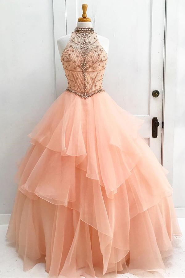 Chic A-Line Halter Open Back Sleeveless Pearl Pink Beading Tulle Modest Long Prom Dresses