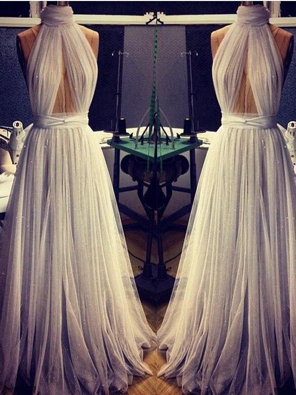 2022 A-line Cheap Long Sexy Simple Ivory High Neck Sleeveless Tulle Prom Dresses