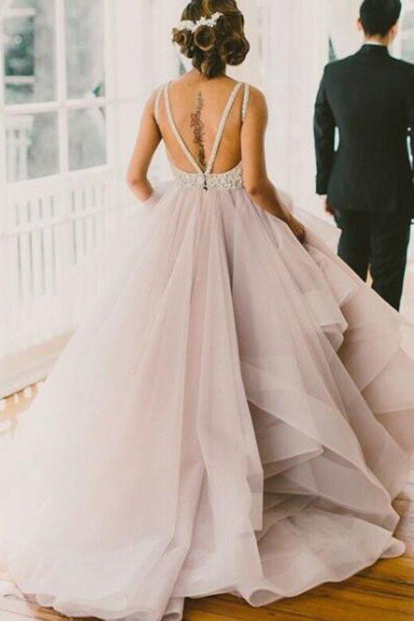 2019 A line Scoop Neckline Organza Long Custom Affordable Open Back Wedding Dresses