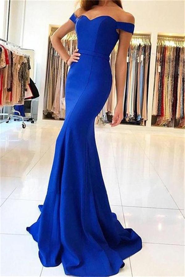 Royal Blue Long Mermaid Off the Shoulder Sweetheart Satin Pretty Prom Dresseses