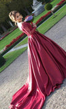Long Sleeves Off the Shoulder Burgundy Sweetheart Satin Lace Ball Gown Prom Dresses