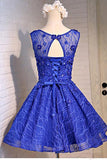 Blue Knee Length Homecoming Dresses with Beads Straps Short Prom Dresses