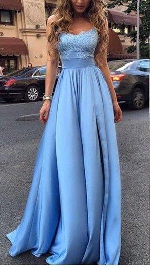 Sexy Cheap Appliques Long Blue Charming Sweetheart A-Line Floor-Length Prom Dresses