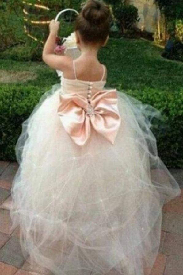 Princess Tulle Beading Spaghetti Straps Bowknot Flower Girl Dresses Lovely Tutu Dress