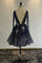 A Line Navy Blue Long Sleeve Beads Open Back Tulle Short Prom Dress Homecoming Dress