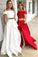 A-Line Princess Off-the-Shoulder Sleeveless Brush Train Lace Satin Two Piece Prom Dresses