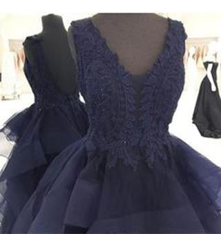 2019 Custom Made Navy Blue Appliques Beaded V-Neck High Quality Prom Dresses