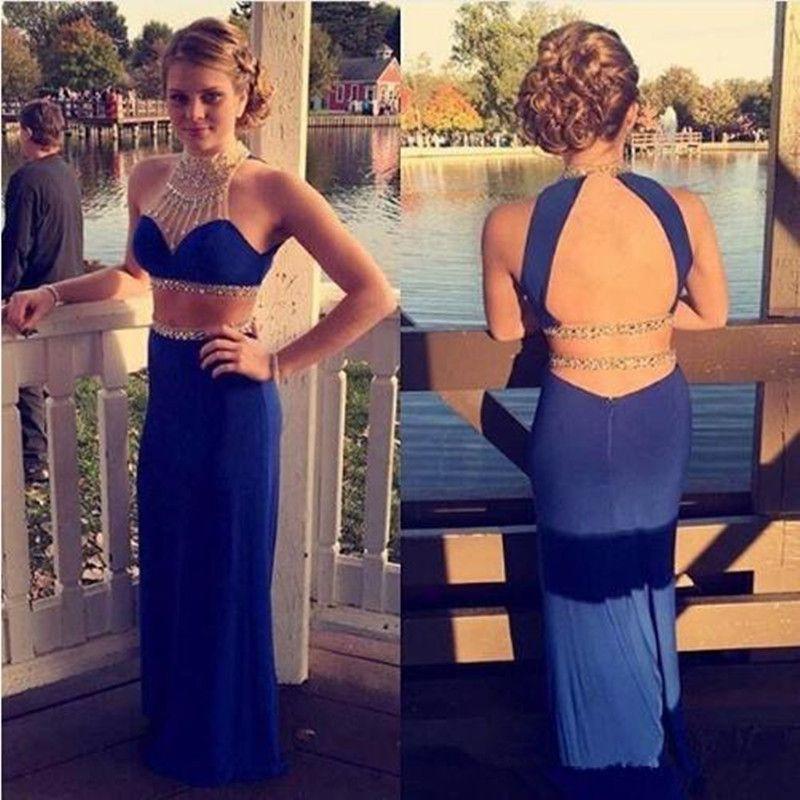 Sexy Two Pieces Open Back Royal Blue Mermaid Halter High Neck Beading Long Prom Dress