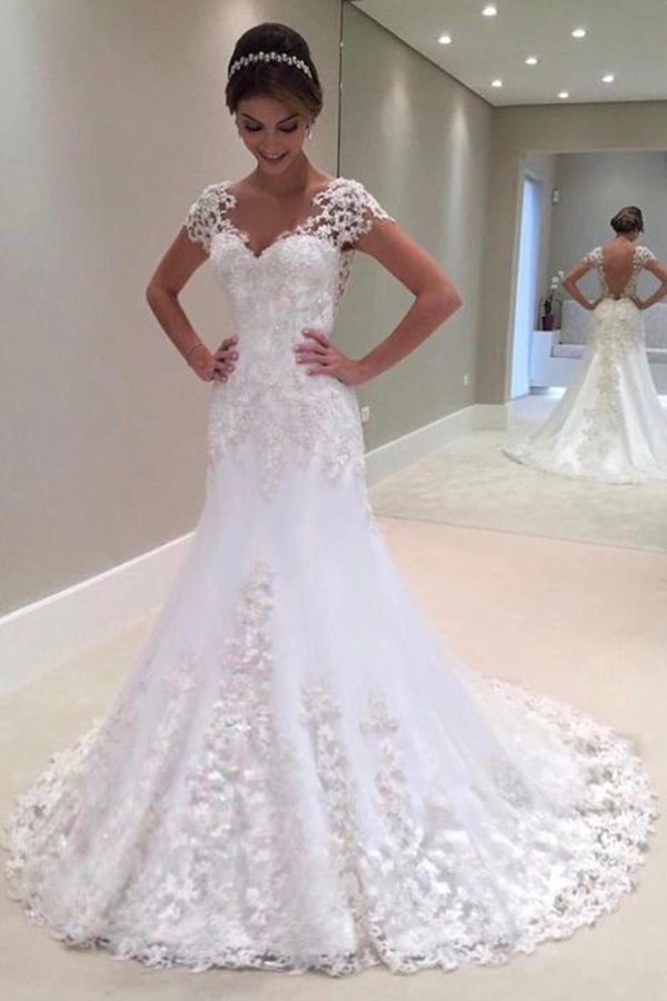 2022 New Arrival Mermaid/Trumpet V-Neck Tulle Wedding Dresses With Applique P9623872