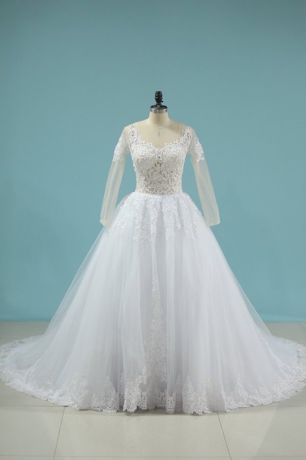 2022 New A Line Scoop Long Sleeves Wedding Dress Tulle P57YR3RA