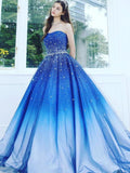 A Line Blue Strapless Sweetheart Ombre Sweep Train Ball Gown Beads Tulle Prom Dresses