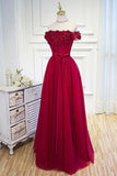 A-line Tulle Burgundy Short Sleeve Off-the-Shoulder Scoop Hand-Made Flower Prom Dresses