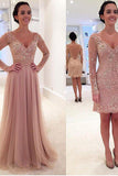 Long Sleeves V-neck Tulle Prom Dress with Detachable Train dusty pink sexy prom dress