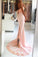 Pink Long Sexy Backless Mermaid Satin Sleeveless Lace High Neck Beads Prom Dresses