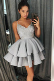 A-Line Spaghetti Straps Sweetheart Grey Satin Homecoming Dress with Lace Beading
