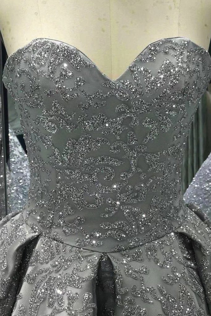 Sweetheart Gray Sleeveless Long Sequins Strapless Ball Gown Shiny Winter Prom Dresses